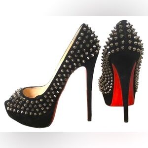 Christian Louboutin Lady Peep Spikes 150 Heels 👠 – Black Veau Velours Suede